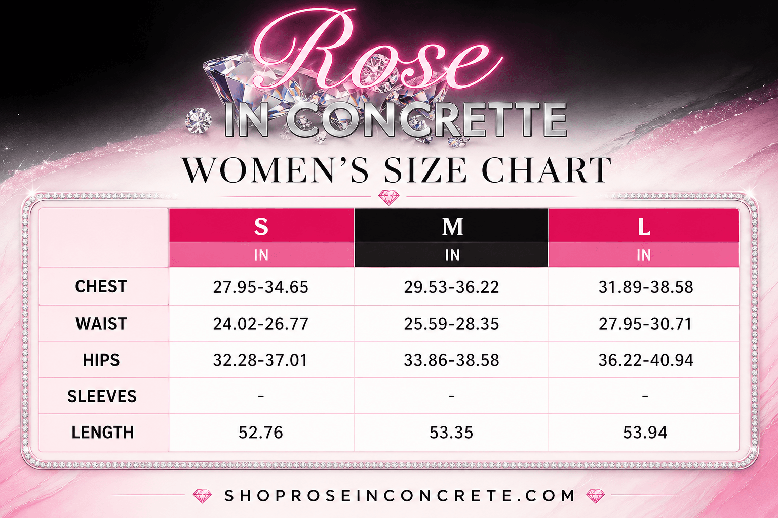 Rose in Concrete women's size chart for the colorblock plunge halter jumpsuit, featuring measurements for small, medium, and large.