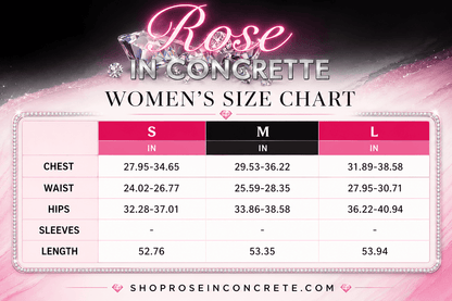 Rose in Concrete women's size chart for the colorblock plunge halter jumpsuit, featuring measurements for small, medium, and large.