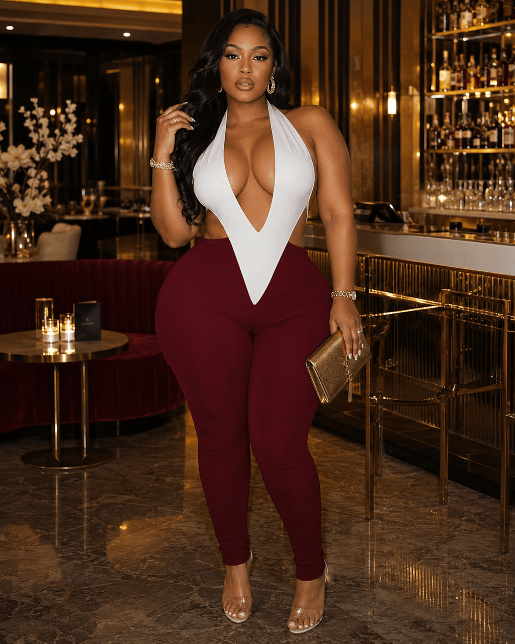 Colorblock plunge halter jumpsuit with deep burgundy pants and plunging neckline, perfect for special occasions.