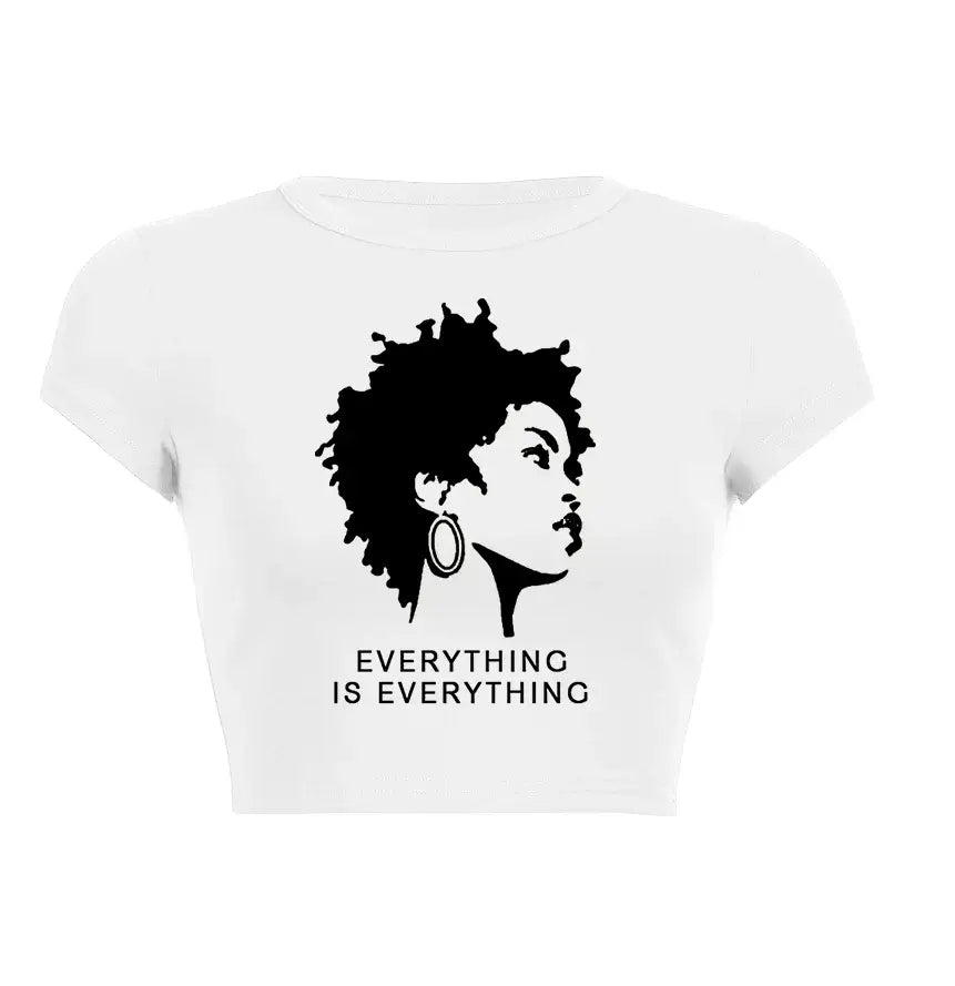Women’s Assorted Graphic Short Sleeve Crop Tee featuring a black silhouette and the text 'Everything is Everything'.