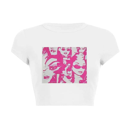 Women’s Assorted Graphic Short Sleeve Crop Tee featuring a vibrant pink face illustration design.