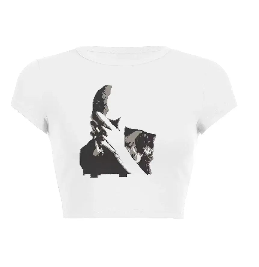 Women’s Assorted Graphic Short Sleeve Crop Tee featuring a unique hand graphic on a white background.