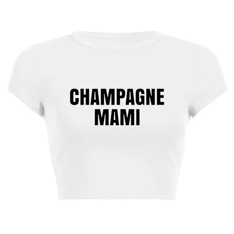 Women’s Assorted Graphic Short Sleeve Crop Tee featuring 'Champagne Mami' design on a white background.