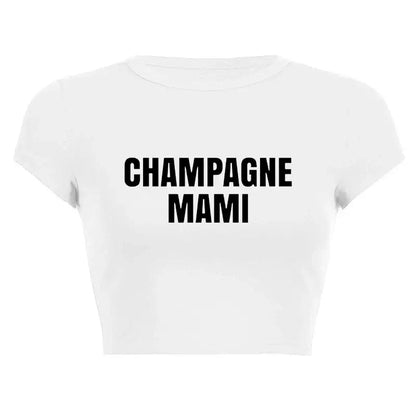 Women’s Assorted Graphic Short Sleeve Crop Tee featuring 'Champagne Mami' design on a white background.