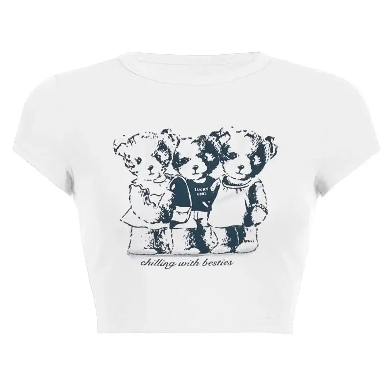 Women’s Assorted Graphic Short Sleeve Crop Tee featuring playful bear illustration with slogan 'chilling with besties'