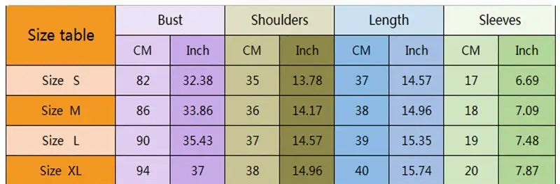 Size table for Women’s Assorted Graphic Short Sleeve Crop Tee showing measurements in CM and Inches.