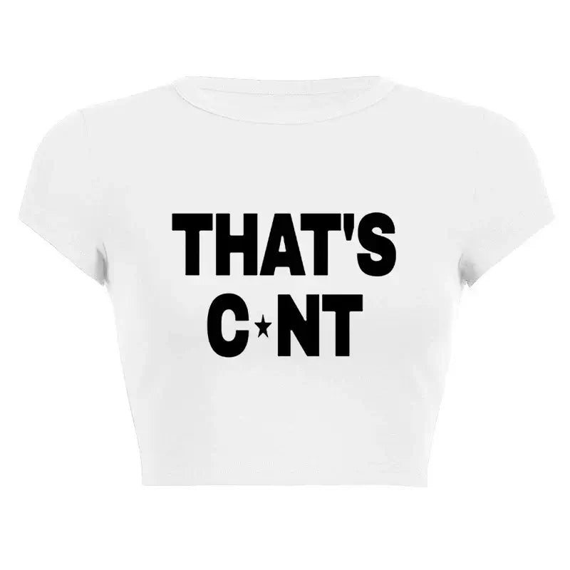 Women’s Assorted Graphic Short Sleeve Crop Tee featuring a bold slogan on a classic white background.