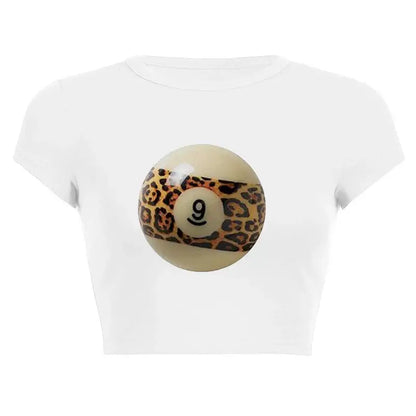 Women’s Assorted Graphic Short Sleeve Crop Tee featuring a playful 9-ball with leopard print design.