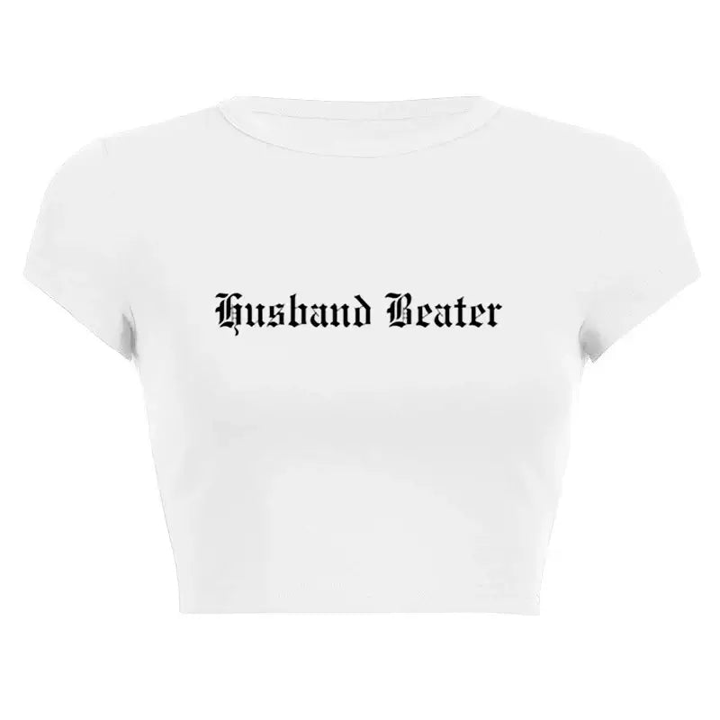 Women’s Assorted Graphic Short Sleeve Crop Tee featuring unique 'Husband Beater' graphic design on white background.