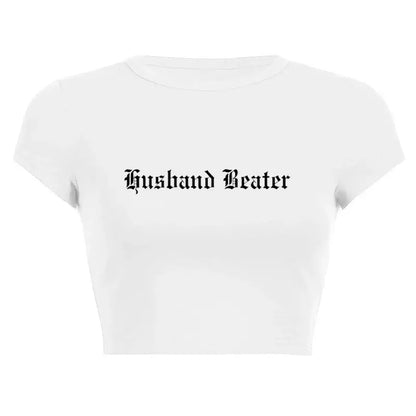 Women’s Assorted Graphic Short Sleeve Crop Tee featuring unique 'Husband Beater' graphic design on white background.