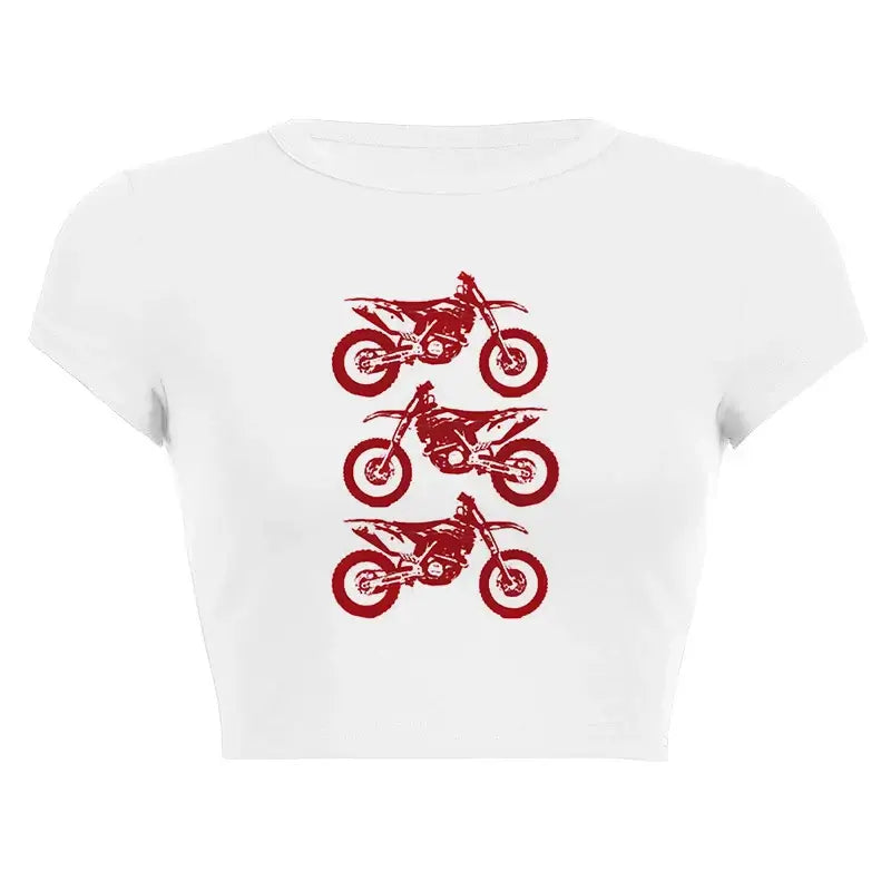 Women’s Assorted Graphic Short Sleeve Crop Tee with red motorcycle graphics on a white background.