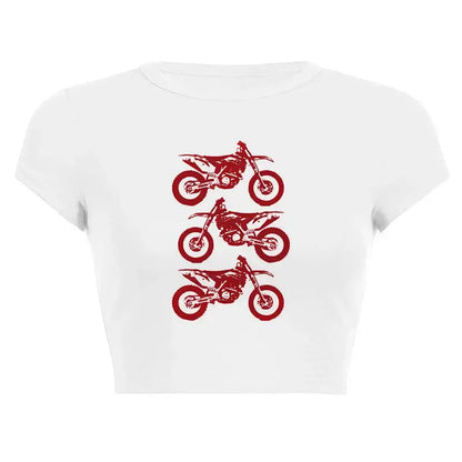Women’s Assorted Graphic Short Sleeve Crop Tee with red motorcycle graphics on a white background.