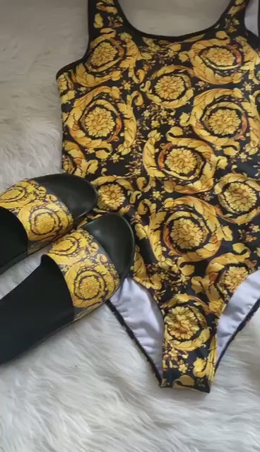 Baroque Print One Piece with Matching Slides