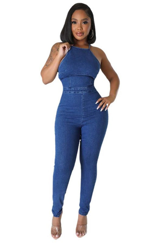 Denim Halter Jumpsuit - Rose In Concrete 🥀