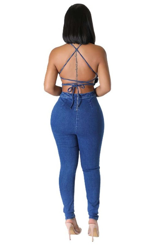 Denim Halter Jumpsuit - Rose In Concrete 🥀
