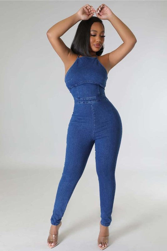 Denim Halter Jumpsuit - Rose In Concrete 🥀