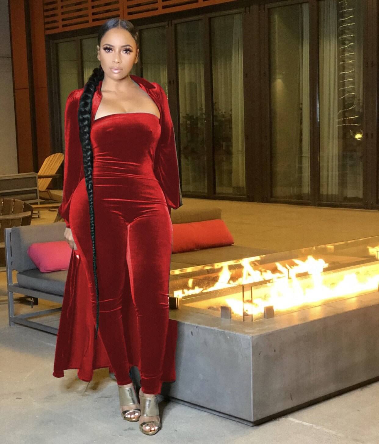 Velvet Long Sleeve Maxi Cardigan + Strapless Jumpsuit - Rose In Concrete 🥀