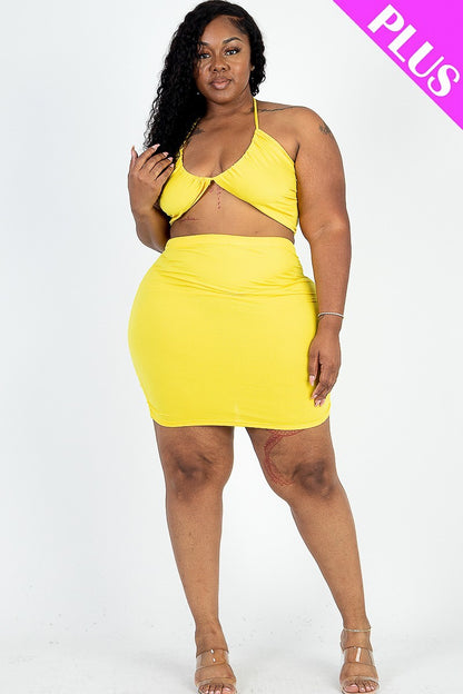 Sexy Solid Crisscross Halter Top & Ruched Mini Skirt Set - Rose In Concrete 🥀