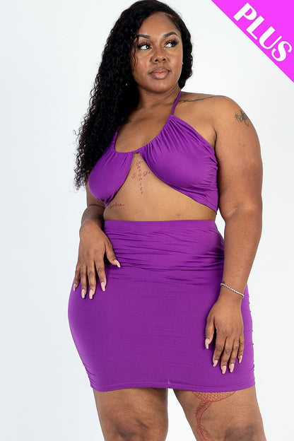 Sexy Solid Crisscross Halter Top & Ruched Mini Skirt Set - Rose In Concrete 🥀