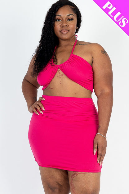 Sexy Solid Crisscross Halter Top & Ruched Mini Skirt Set - Rose In Concrete 🥀