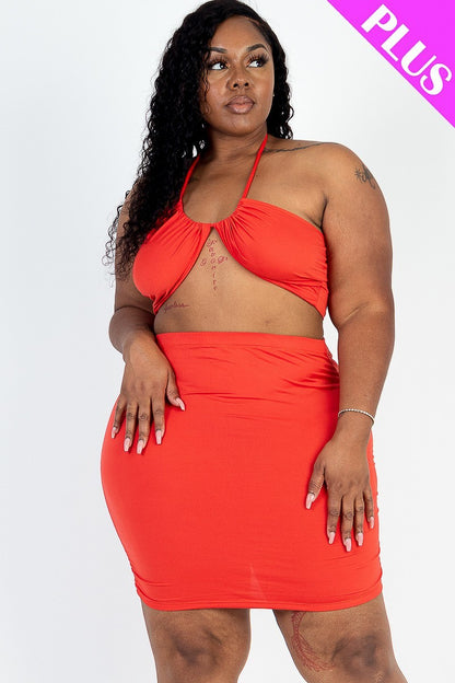 Sexy Solid Crisscross Halter Top & Ruched Mini Skirt Set - Rose In Concrete 🥀