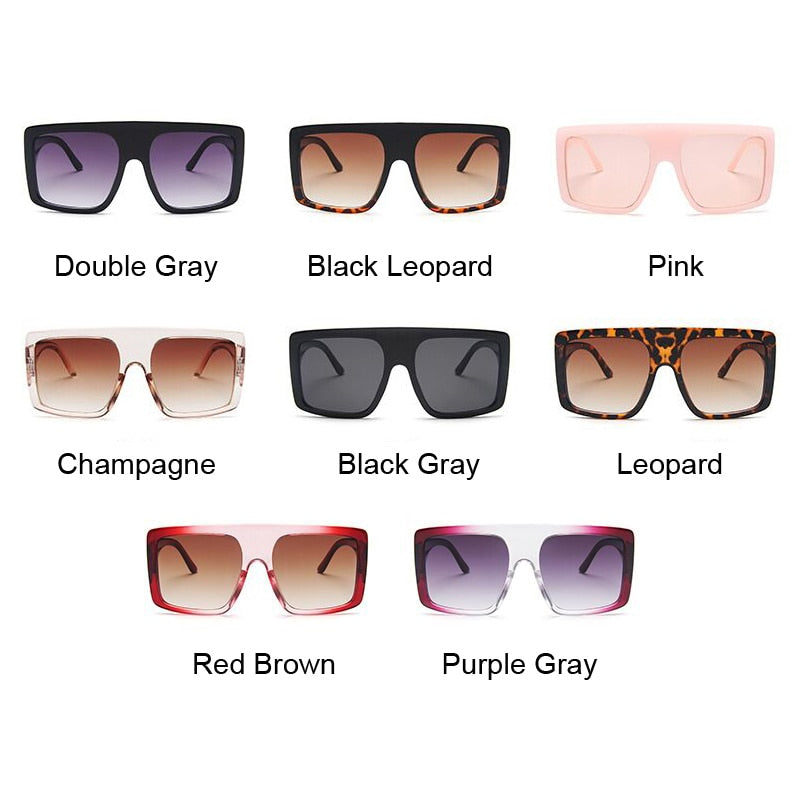 Fashion sunglasses with UV protection in various styles: Double Gray, Black Leopard, Pink, Champagne, Black Gray, Leopard, Red Brown, Purple Gray.