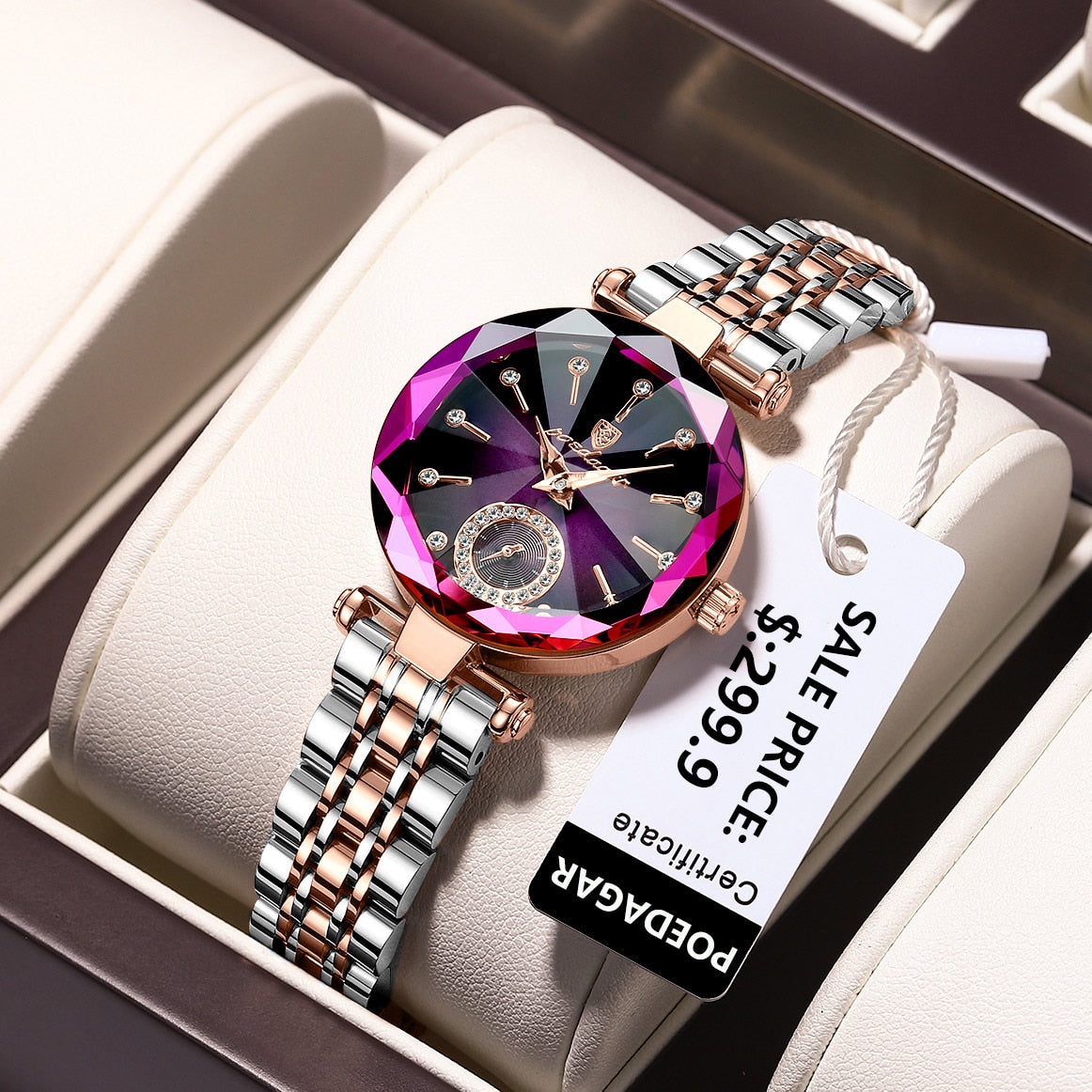 Round quartz stainless steel watch with a colorful gemstone dial and dual-tone metal bracelet.