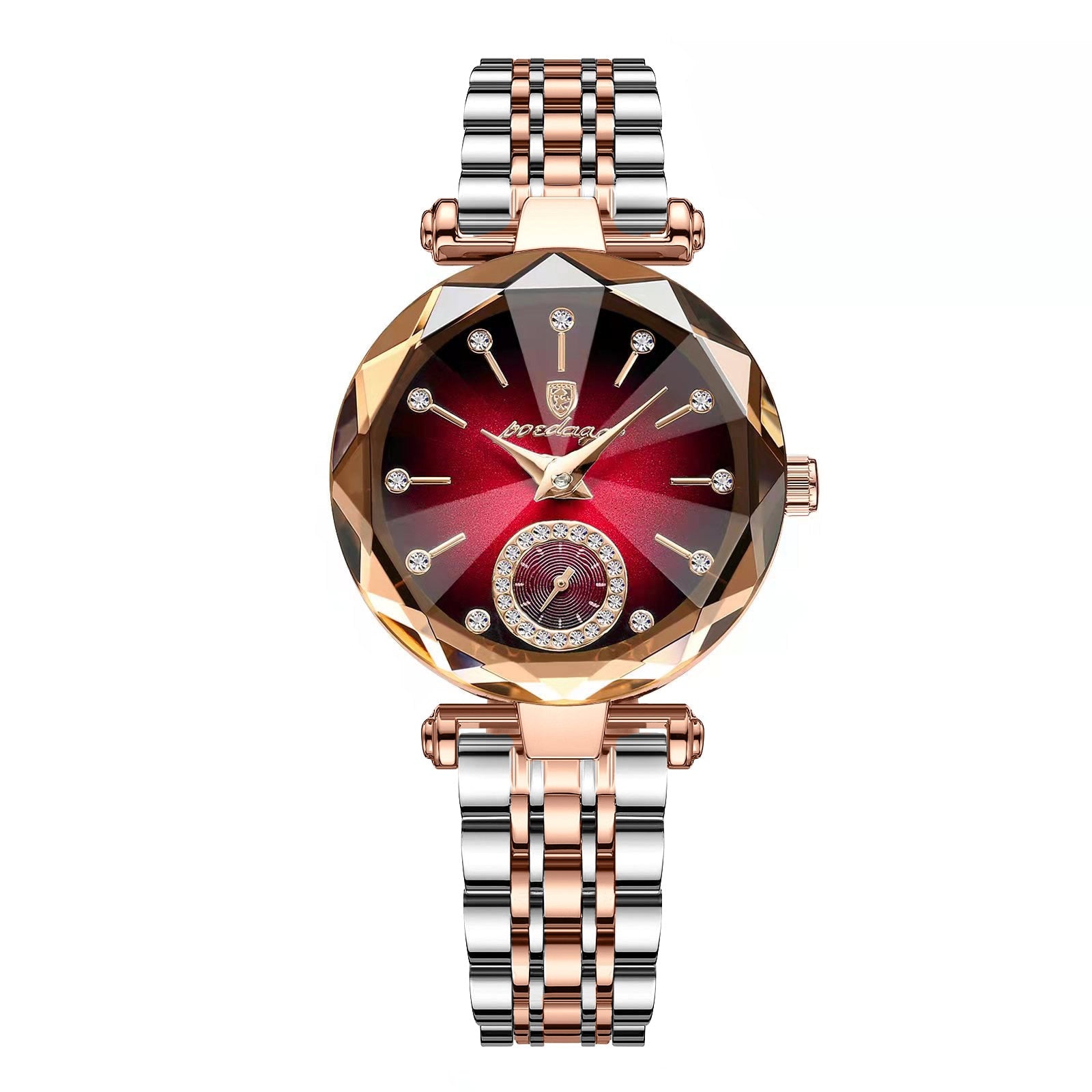 Stylish round quartz stainless steel watch featuring a striking red dial and diamond-like accents for a sophisticated look.