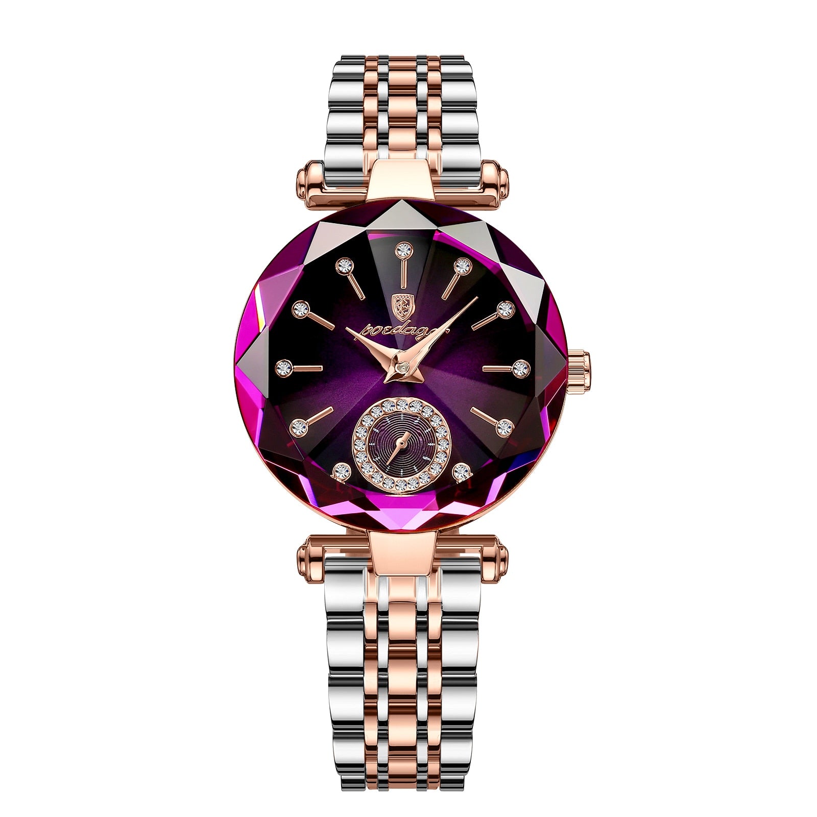 Round Quartz Stainless Steel Watch with a stunning multi-faceted dial and elegant two-tone bracelet.