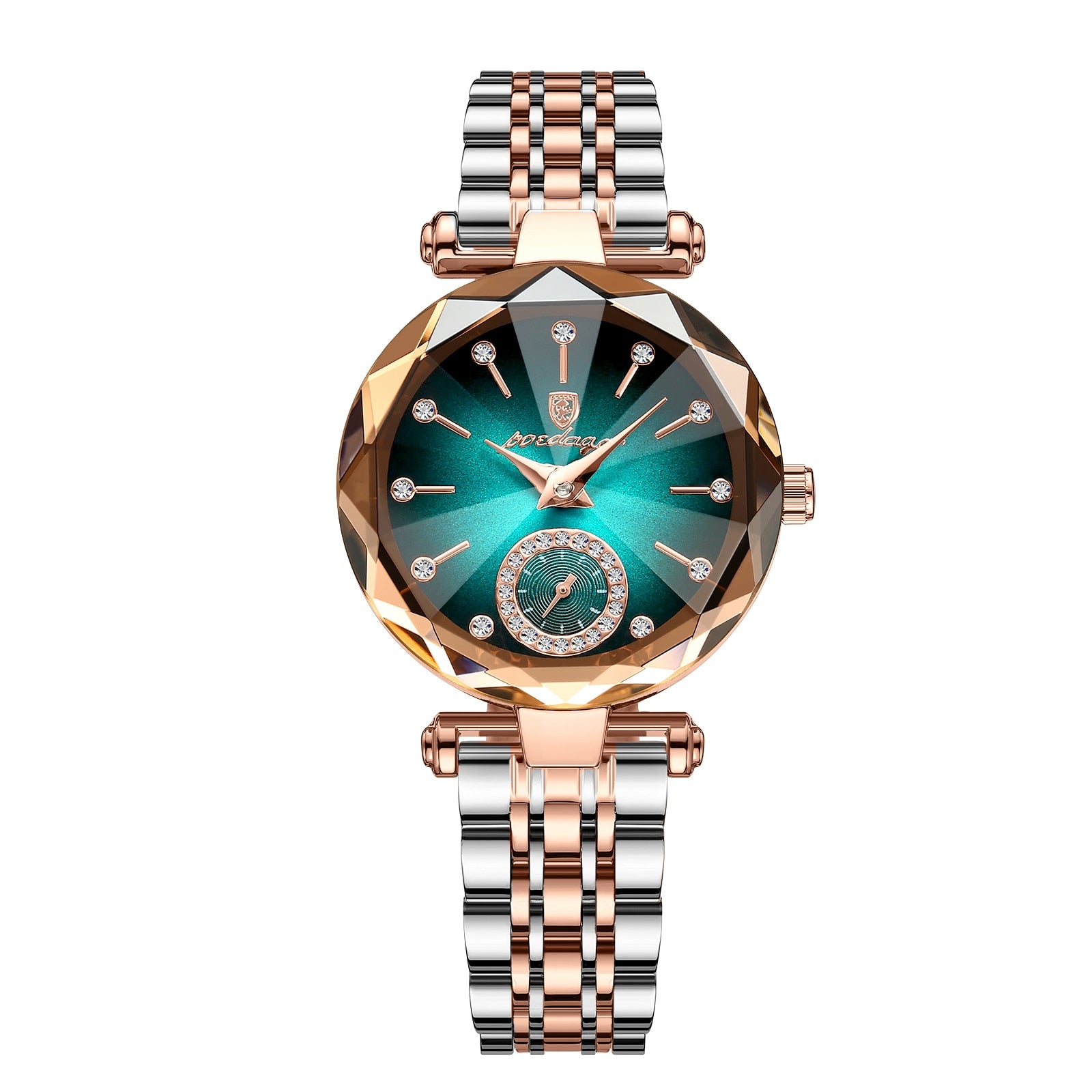 Stunning round quartz stainless steel watch with a blue dial and diamond accents, showcasing elegance and style.