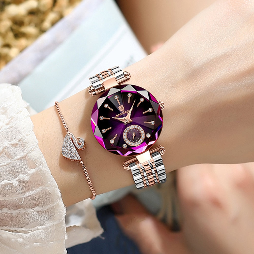 Stylish round quartz stainless steel watch with a purple dial, showcased on a wrist, complementing elegant jewelry.