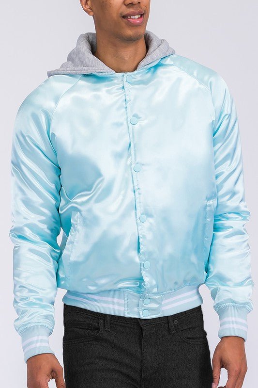 Men's satin bomber jacket in light blue with a hoodie, perfect for stylish streetwear and everyday comfort.