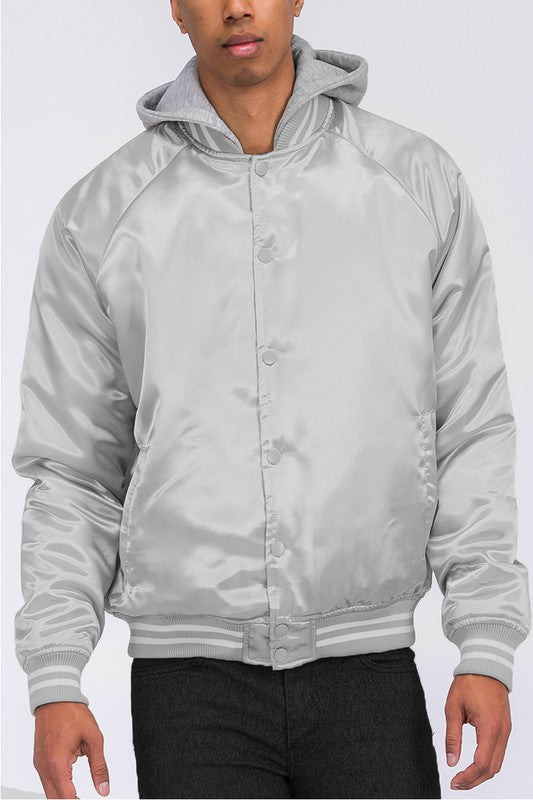 Men's satin bomber jacket in grey with a cozy hood, blending style and comfort for everyday wear.
