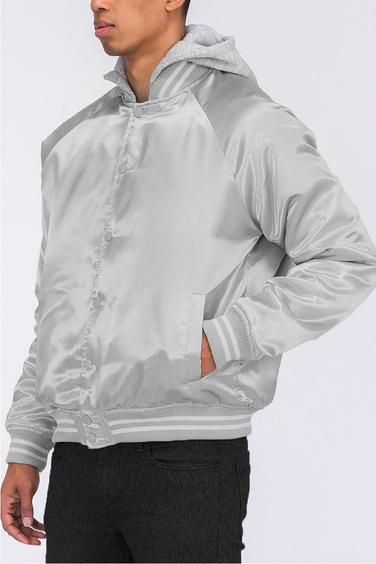 Men's satin bomber jacket in light gray with hoodie details and sleek design for stylish outerwear.